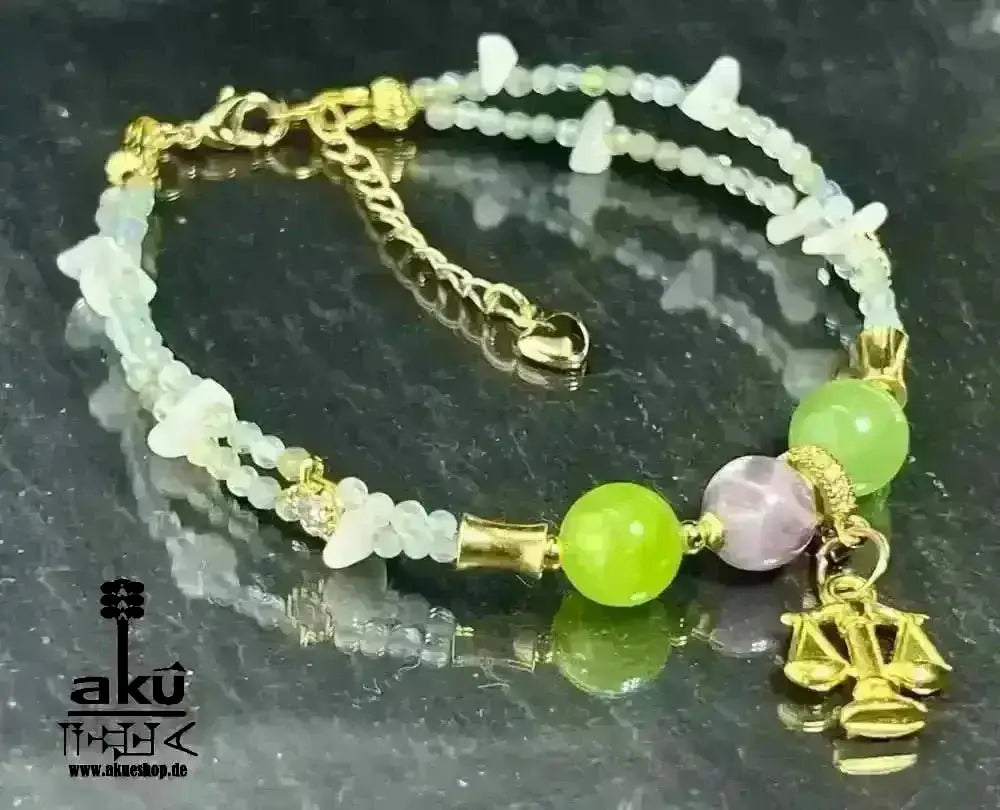 Waage Sternzeichen Glückskristalle Armband, natürliche Edelsteine Aquamarin Mondstein Aventurin Peridot Amethyst Reiki Chakren Meditationsenergie - AkueShop