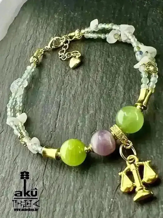 Waage Sternzeichen Glückskristalle Armband, natürliche Edelsteine Aquamarin Mondstein Aventurin Peridot Amethyst Reiki Chakren Meditationsenergie - AkueShop