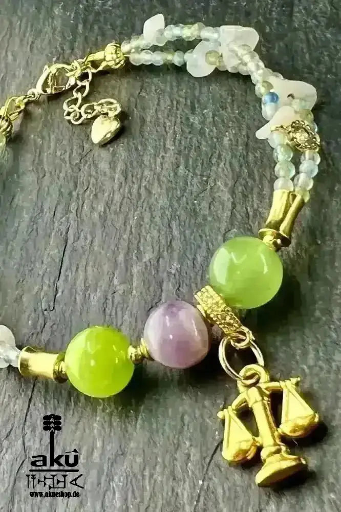 Waage Sternzeichen Glückskristalle Armband, natürliche Edelsteine Aquamarin Mondstein Aventurin Peridot Amethyst Reiki Chakren Meditationsenergie - AkueShop