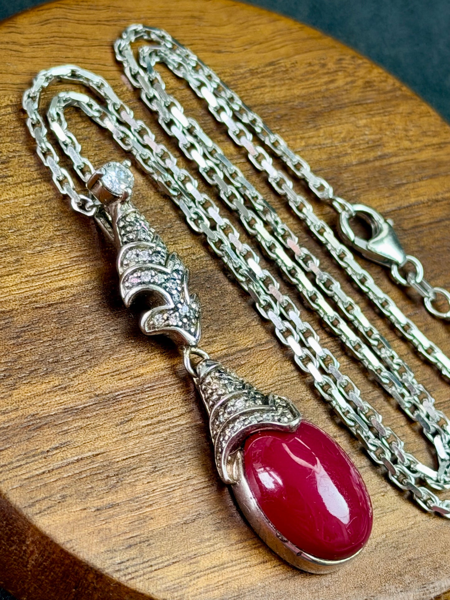 Vintage Halskette (1980er), 925 Silber, synthetischer weinroter Anhänger