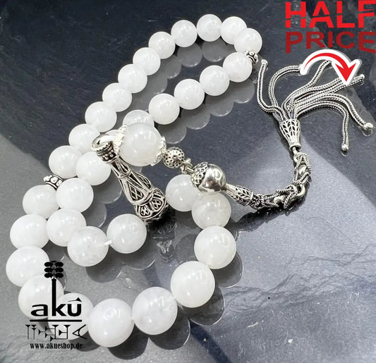 Weiße Jade Tasbih 925er Sterlingsilbere Quaste Elegant & Friedvoll Sibaha, AkueShop, islamische tesbih, muslimische misbaha
