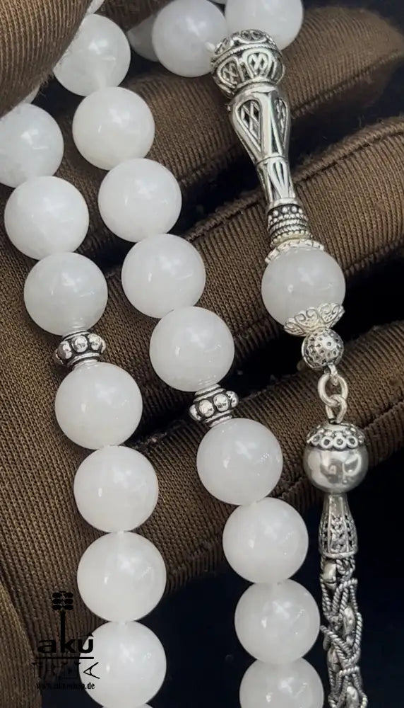 Weiße Jade Tasbih 925er Sterlingsilbere Quaste Elegant & Friedvoll Sibaha, AkueShop, islamische tesbih, muslimische misbaha, filigran silber