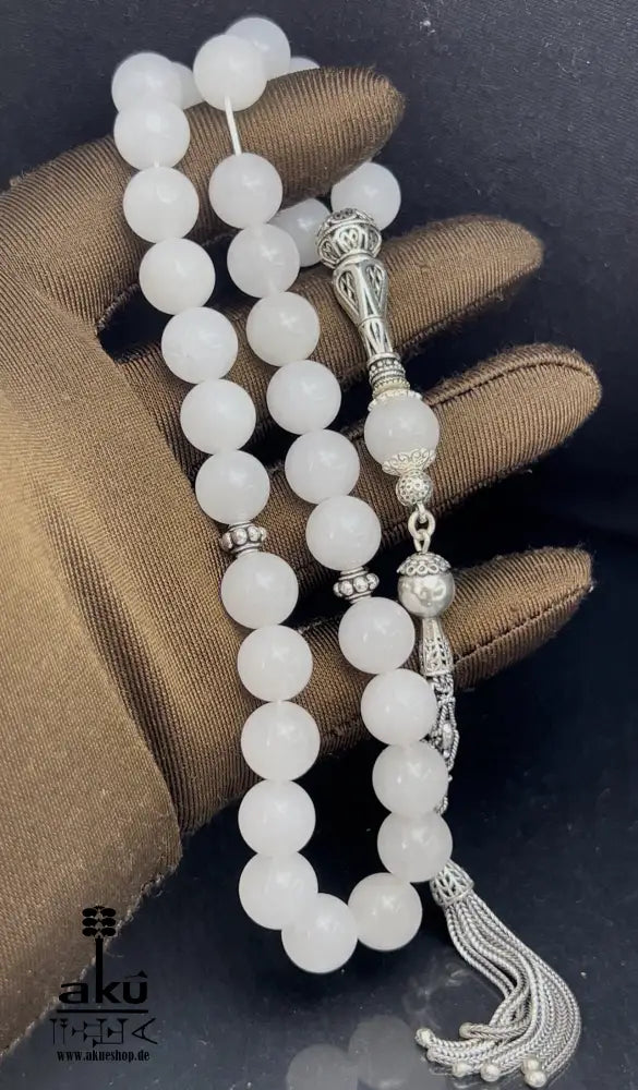 Weiße Jade Tasbih 925er Sterlingsilbere Quaste Elegant & Friedvoll Sibaha, AkueShop, islamische tesbih, muslimische misbaha