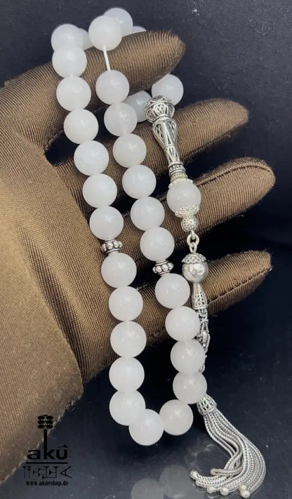 Weiße Jade Tasbih 925er Sterlingsilbere Quaste Elegant & Friedvoll Sibaha, AkueShop, islamische tesbih, muslimische misbaha