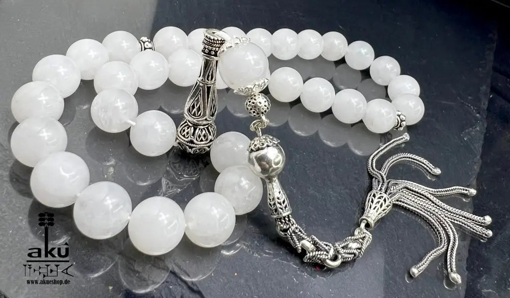 Weiße Jade Tasbih 925er Sterlingsilbere Quaste Elegant & Friedvoll Sibaha, AkueShop, islamische tesbih, muslimische misbaha, filigran silber