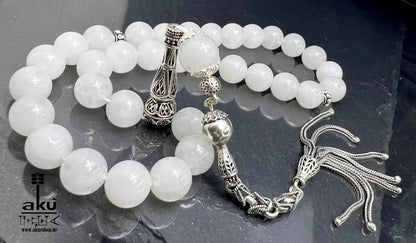 Weiße Jade Tasbih 925er Sterlingsilbere Quaste Elegant & Friedvoll Sibaha, AkueShop, islamische tesbih, muslimische misbaha, filigran silber