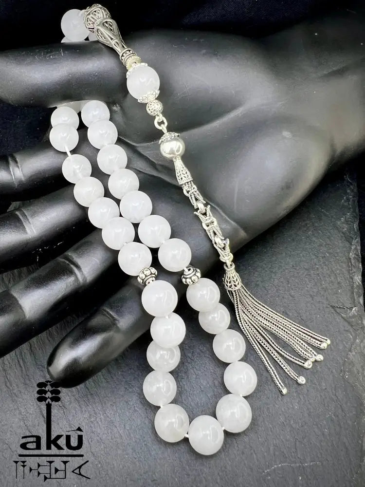 Weiße Jade Tasbih 925er Sterlingsilbere Quaste Elegant & Friedvoll Sibaha, AkueShop, islamische tesbih, muslimische misbaha, filigran silber