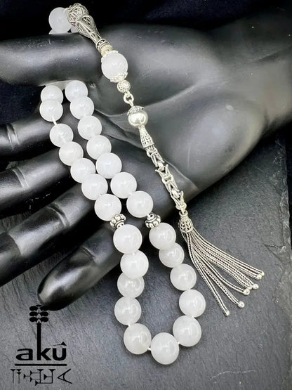 Weiße Jade Tasbih 925er Sterlingsilbere Quaste Elegant & Friedvoll Sibaha, AkueShop, islamische tesbih, muslimische misbaha, filigran silber