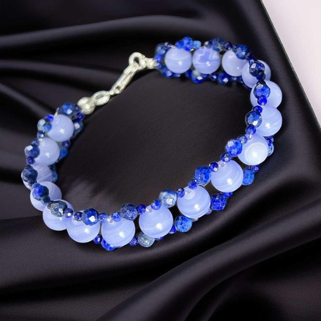 Lace Agate achat blau blue gemstone edlestein lapislazuli 925 silber armband bracelet handmade handgefertigt